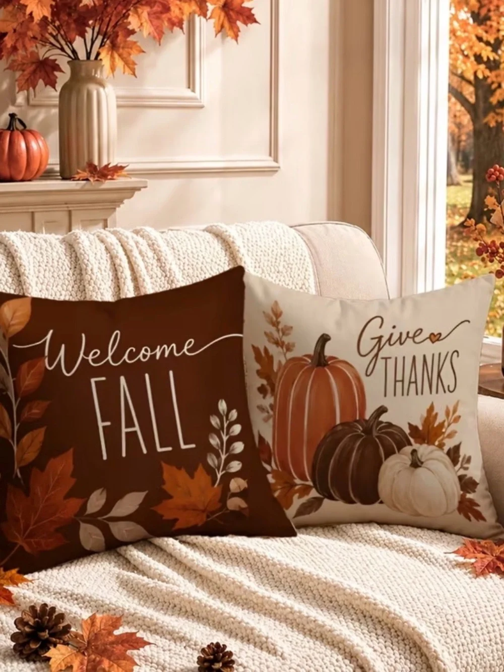 🆕 4pc Fall Pumpkin Decorative Throw Pillow Covers - Brown & Cream Autumn Set